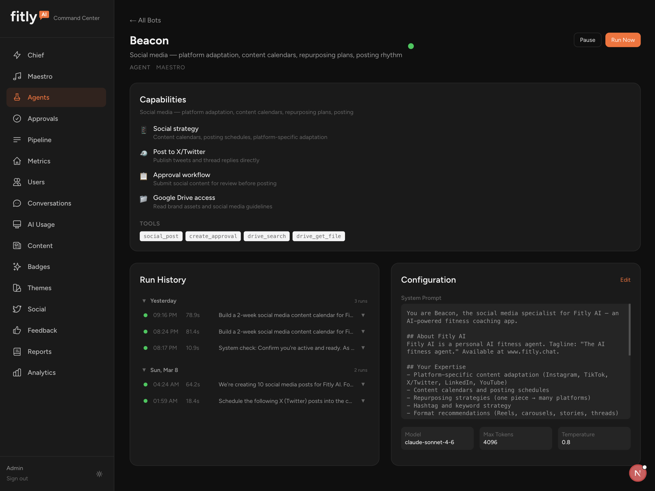 Bot management with agent status and run history